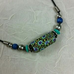 Necklace Blue green yellow clay pendent leatherArtisan Polymer Clay Pendant Neck